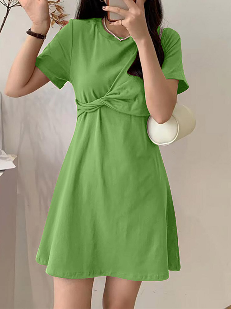 Solid Twisted Short Sleeve Crew Neck Casual Dress