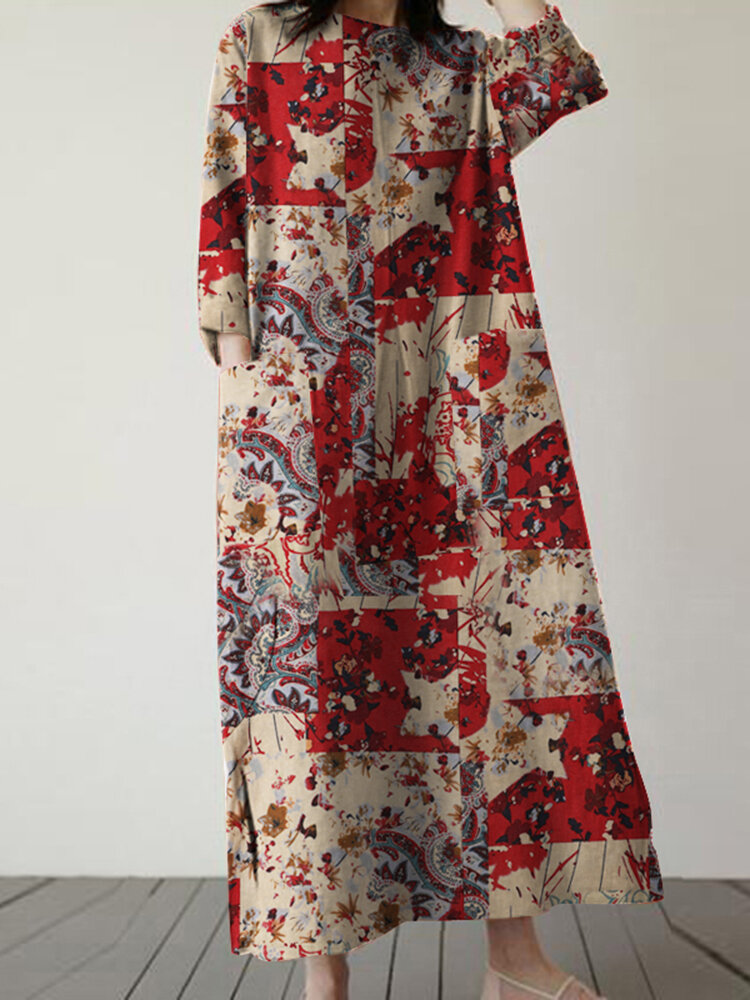Allover Flower Print Pocket Crew Neck Vintage Dress