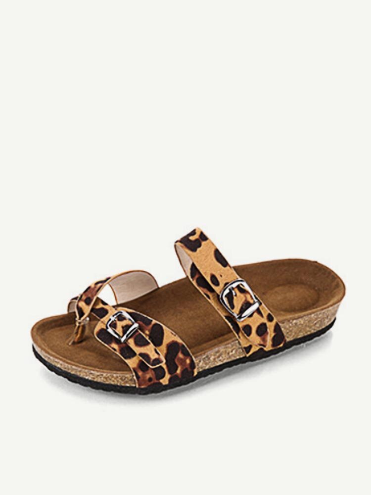 Women Leopard Print Flat Toe Ring Buckle Strap Comfy Beach Sandals