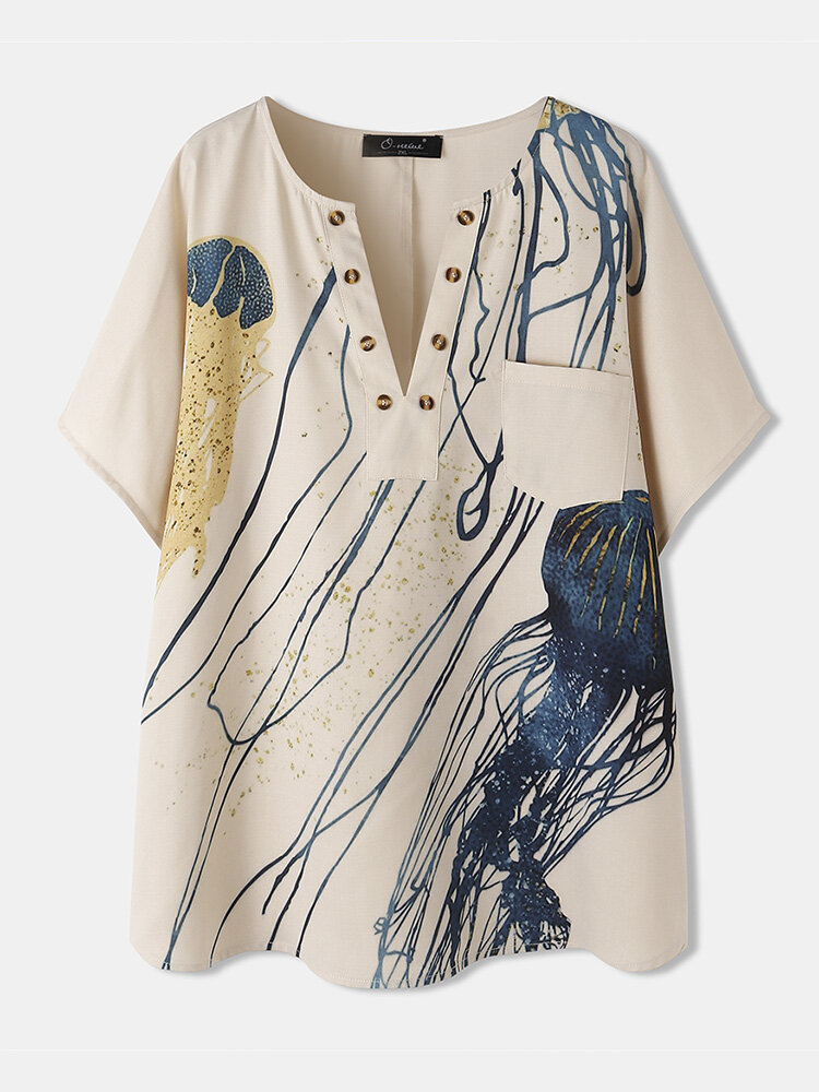 Короткие пуговицы с принтом медузы Plus Размер Блуза с карманами для Женское