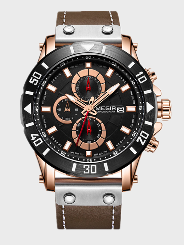 Business Men Quartz Watch Chronograph Luminous Quartz Watch Waterproof Leather Timing Men Watch