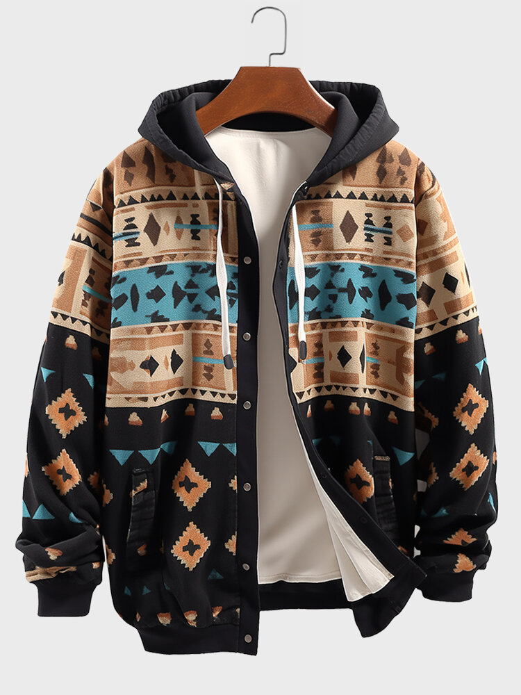 Mens Ethnic Geometric Print Button Front Loose Hooded Jacket