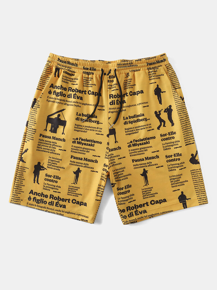 Mens All Over Music Performance Letter Printed Drawstring Shorts