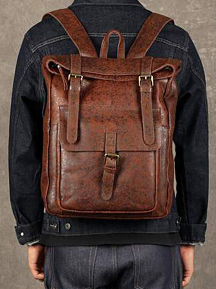 Men Women PU Leather Vintage Large Captial Backpack Laptop bags School Bag Shoulder Bags