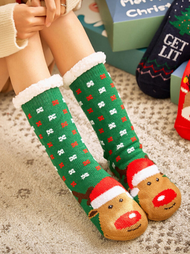 Women Christmas Santa Claus Elk Sock Plus Velvet Sleep Socks Casual ...