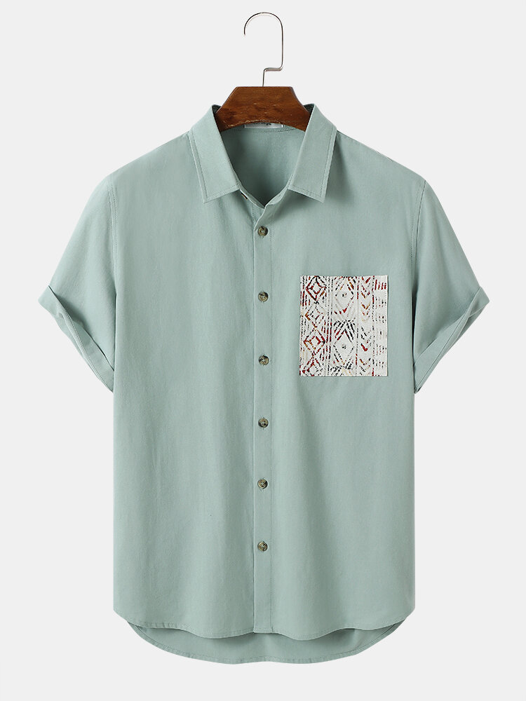 

Mens Ethnic Washed Pocket Patched Short Sleeve Shirts, Green