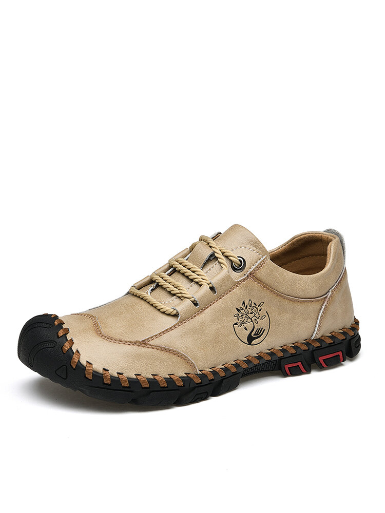 Men Leather Hand Stitching Non Slip Outdoor Hiking Flats