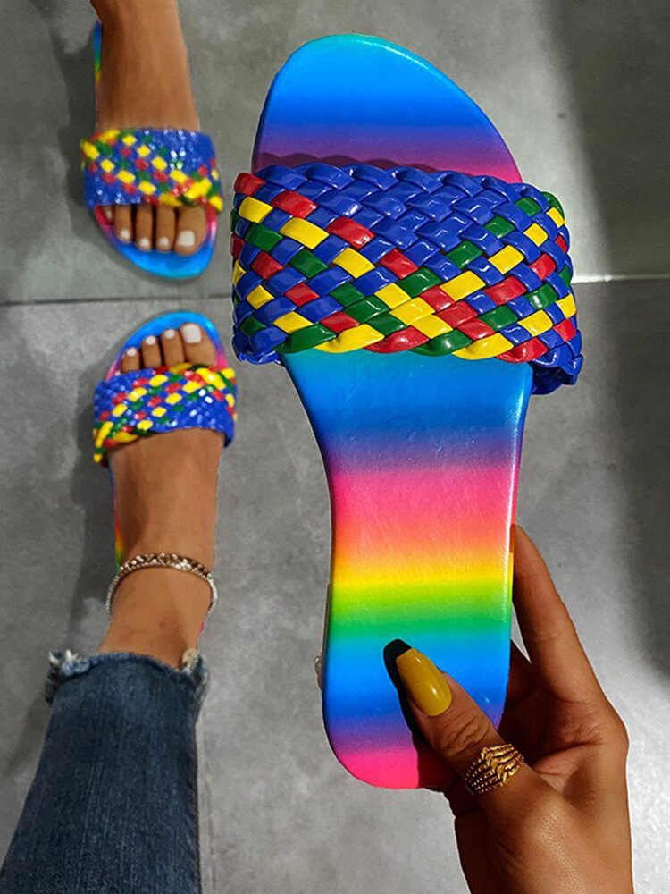 Large Size Women Colorful Ombre Woven Flat Slide Slippers