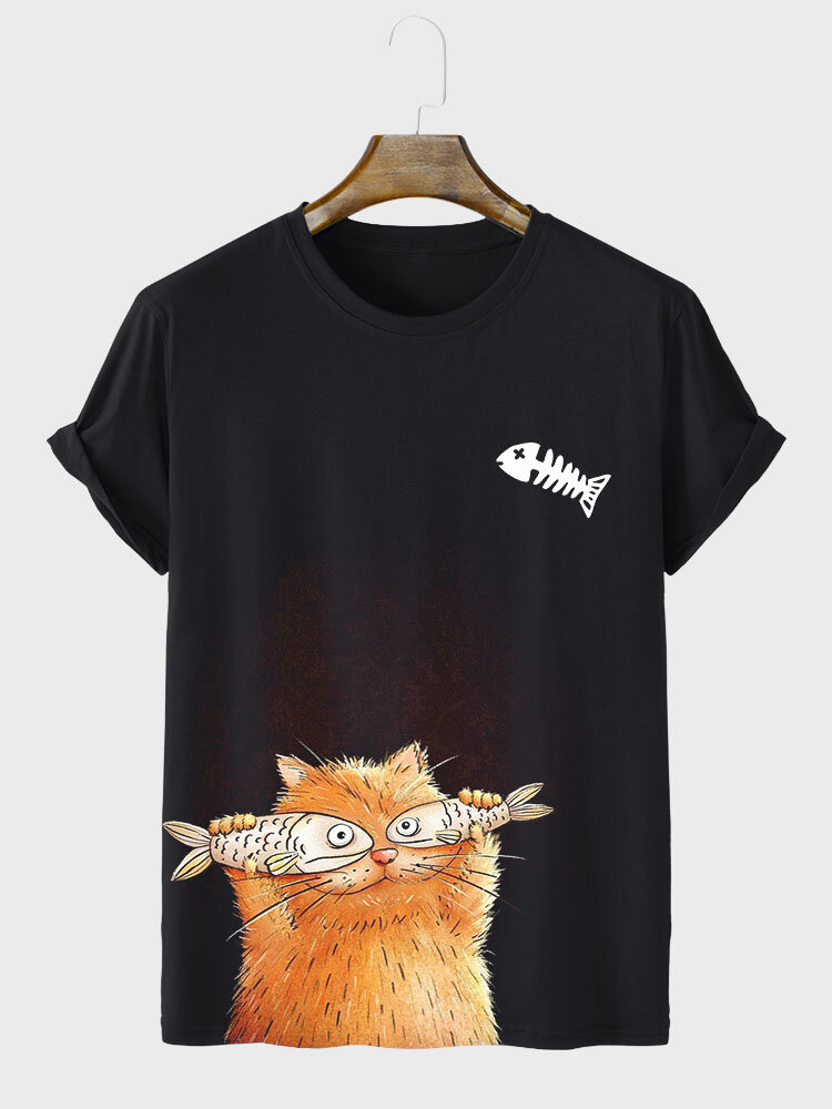 

Mens Cartoon Cat & Fish Print Crew Neck Short Sleeve T-Shirts, Black
