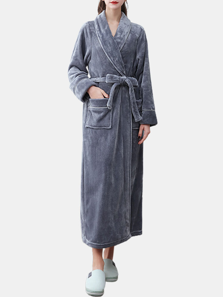 Women Flannel Thicken Long Sleeve Belted Home Robes With Pockets