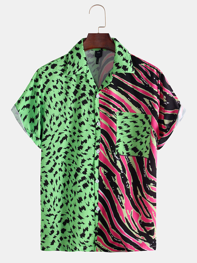 قميص رجالي بنقشة الفهد و Zebra مخطط مرقع بأكمام قصيرة مقلم