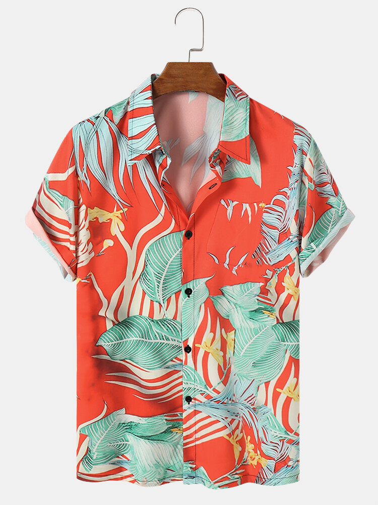 Men Tropical Leaves Print Contrast Color Short Sleeve Shirts