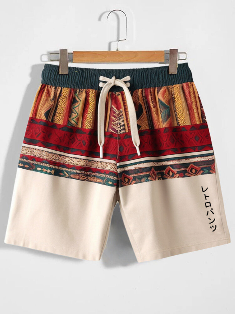 Herren-Shorts mit japanischem geometrischem Muster und Kordelzug an der Taille