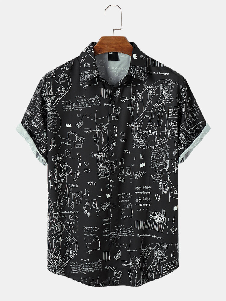 Mens Hand Painted Print Button Up Street Short Sleeve Shirts