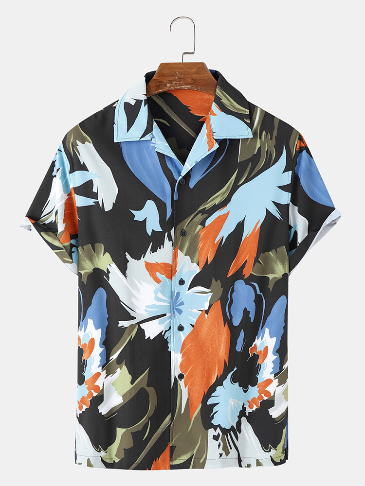 Mens Abstract Flower Print Side Split Holiday Short Sleeve Shirts