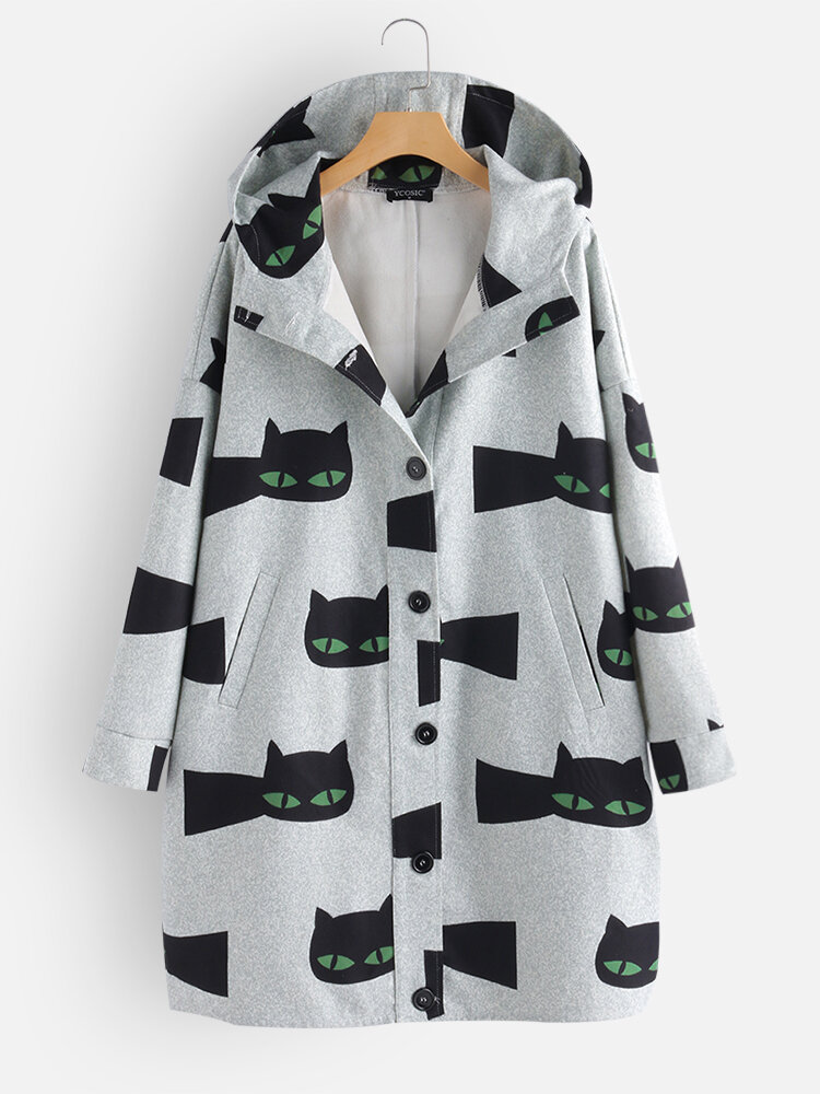 Cartoon Cat Print Long Sleeve Hooded Coat For Women
