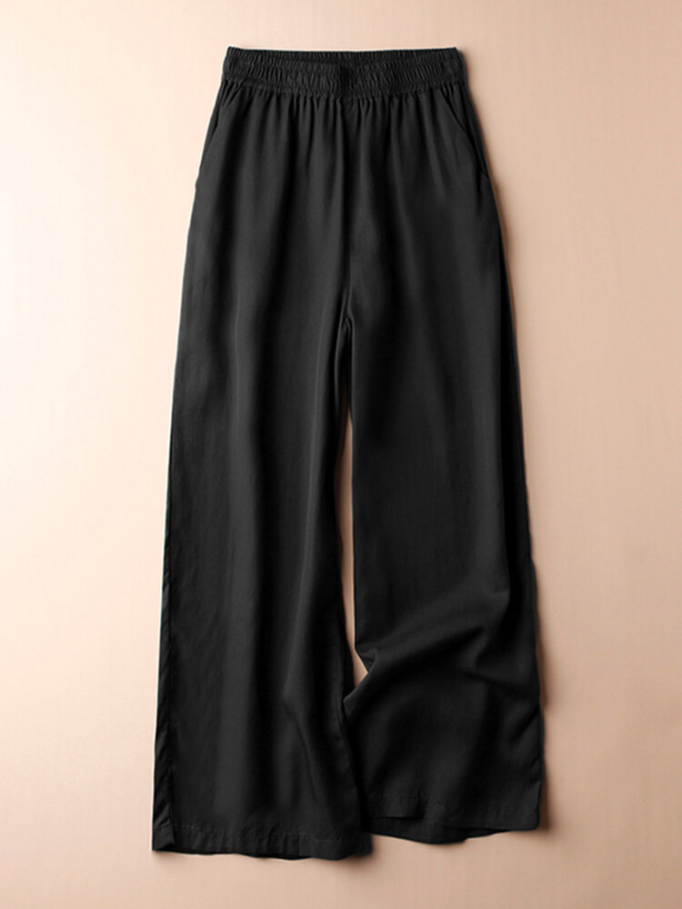 Cintura elástica sólida feminina bolso perna larga Calças