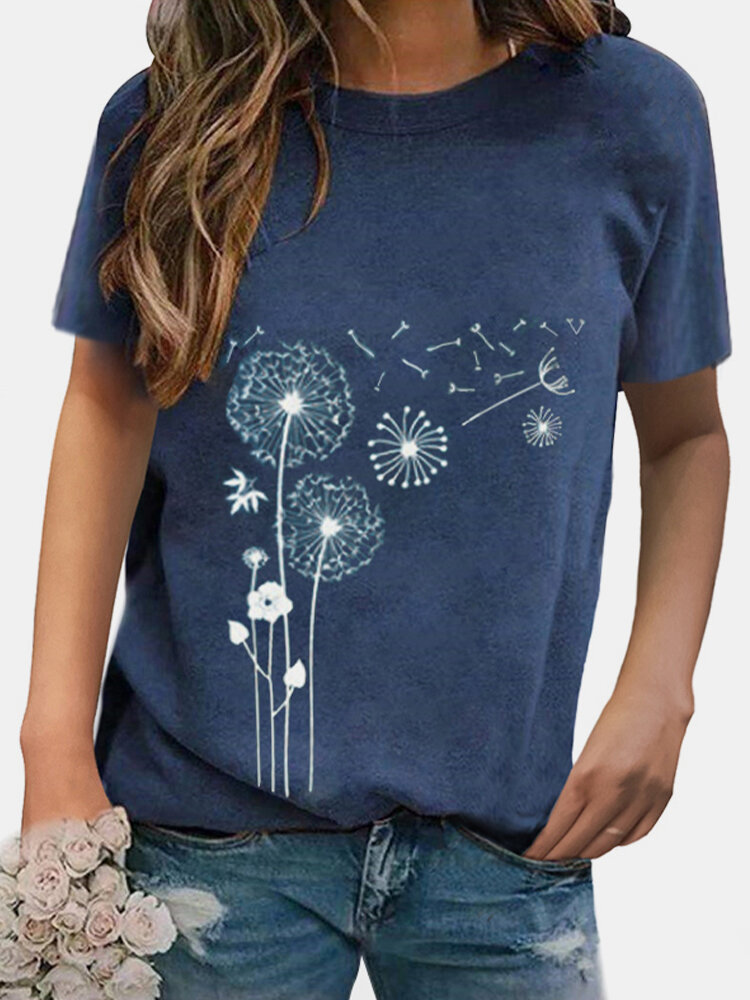 Crew Neck Casual Flower Print Short Sleeve T-shirt For Women