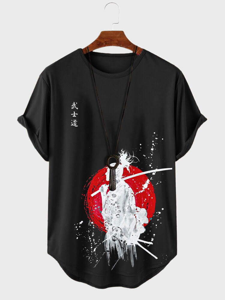 Mens Japanese Warrior Figure Print Curved Hem Short Sleeve T-Shirts