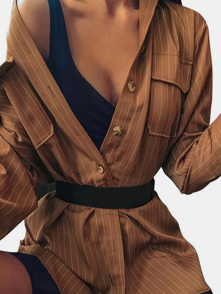 Striped Button Fly Lapel Blouse With Pocket