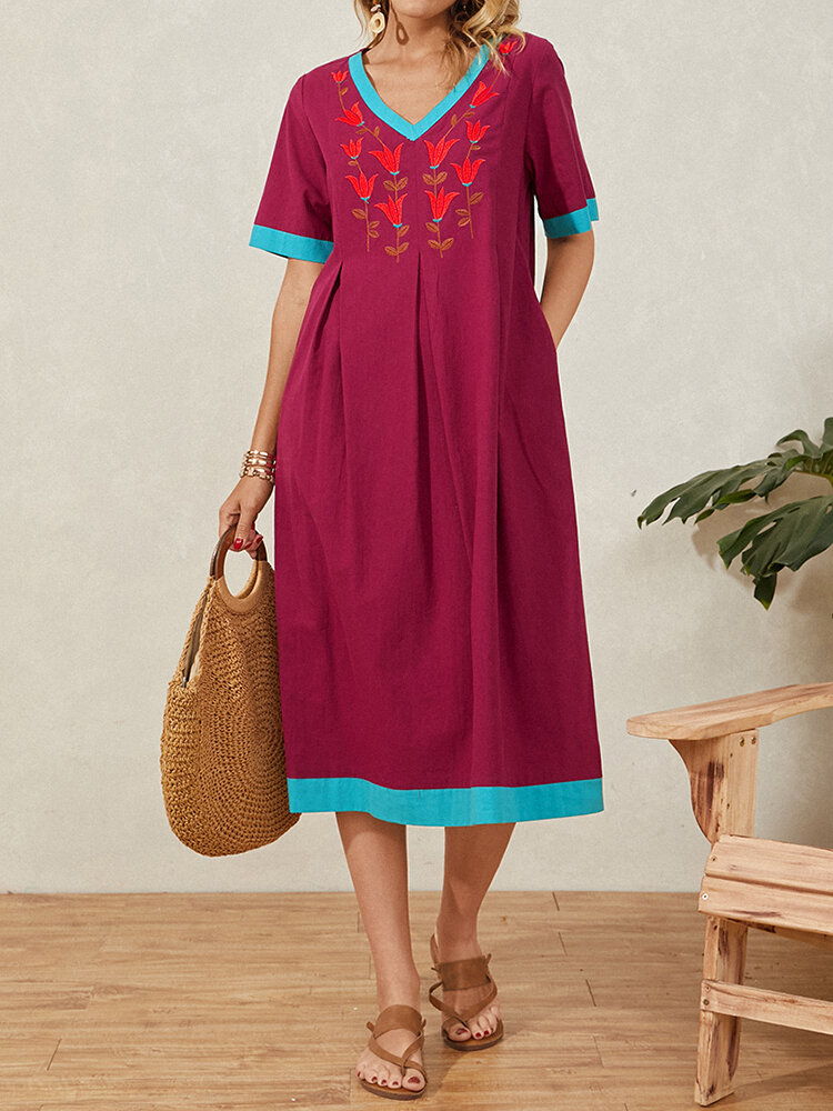 Flower Embroidery Contrast Color V-Neck Short Sleeve Midi Dress With Pocket