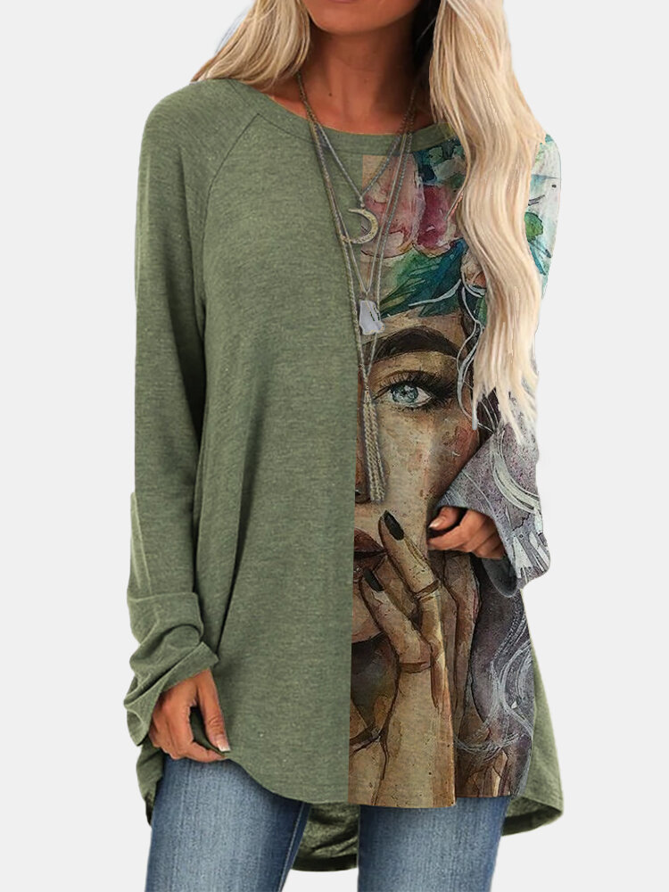 Printed Patchwork O-neck Long Sleeve T-shirt For Women
