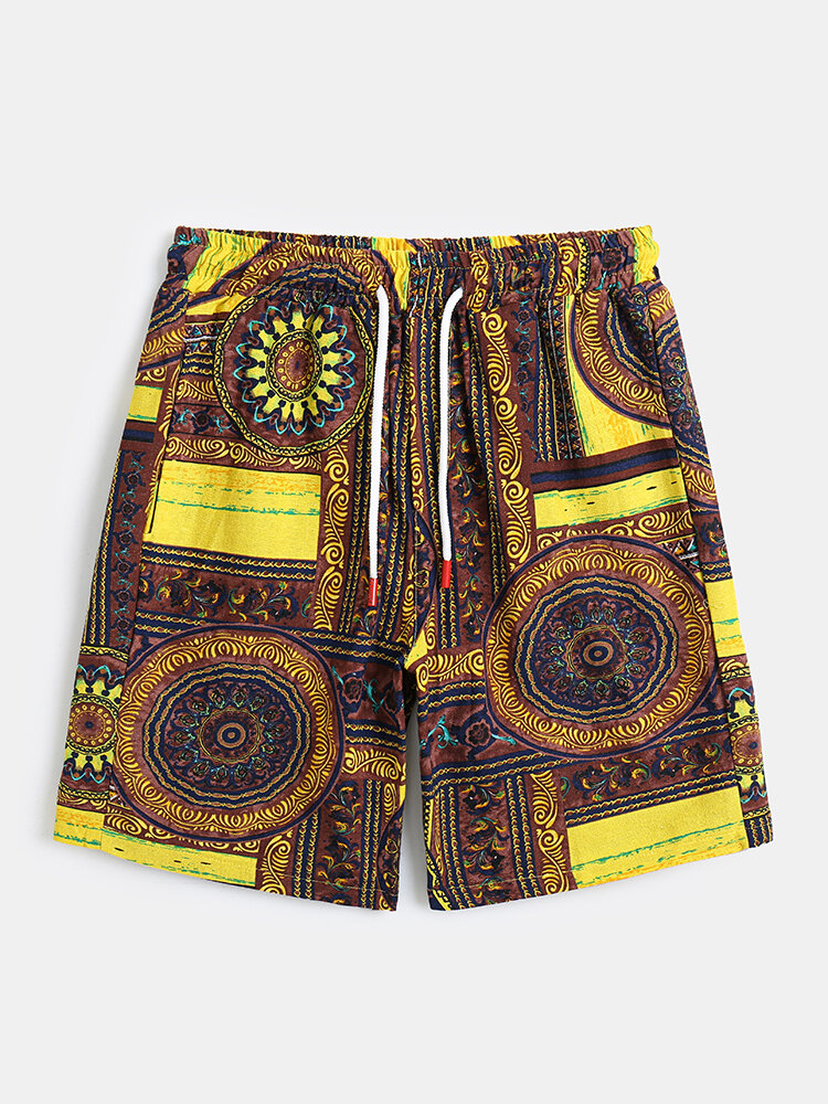 

Men Folk Style Graphic Quick Dry Drawstring Elastic Waist Breathable Board Shorts, Yellow;red