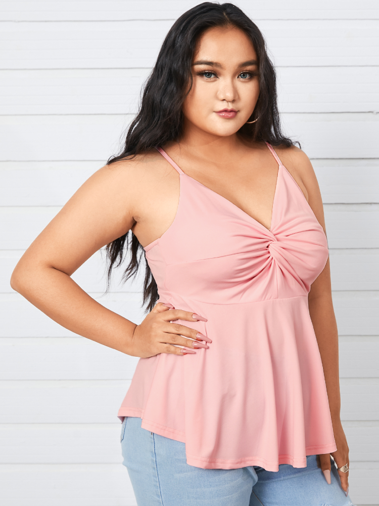 Casual Pleated V-neck Straps Plus Size Tank Top