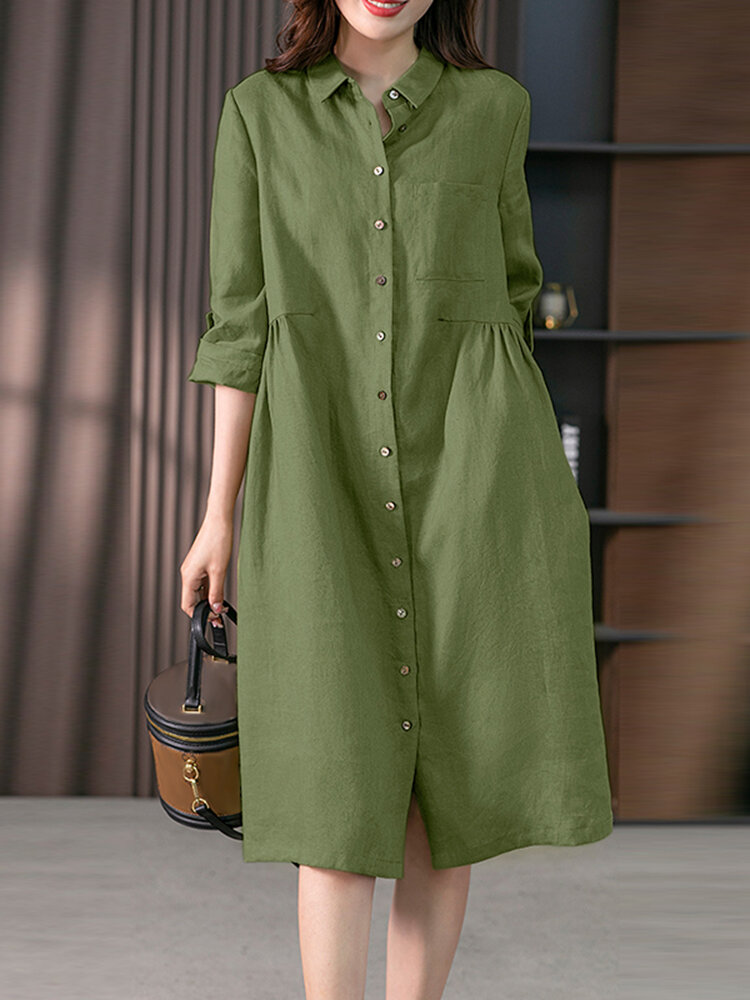 Einfarbig Langarm Taschenknopf Vintage Hemd Kleid