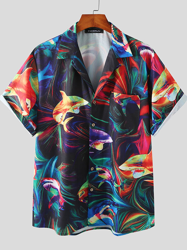 Plus Size Mens Colorful Ombre Shark Print Revere Collar Fashion Short Sleeve Shirts от Newchic WW