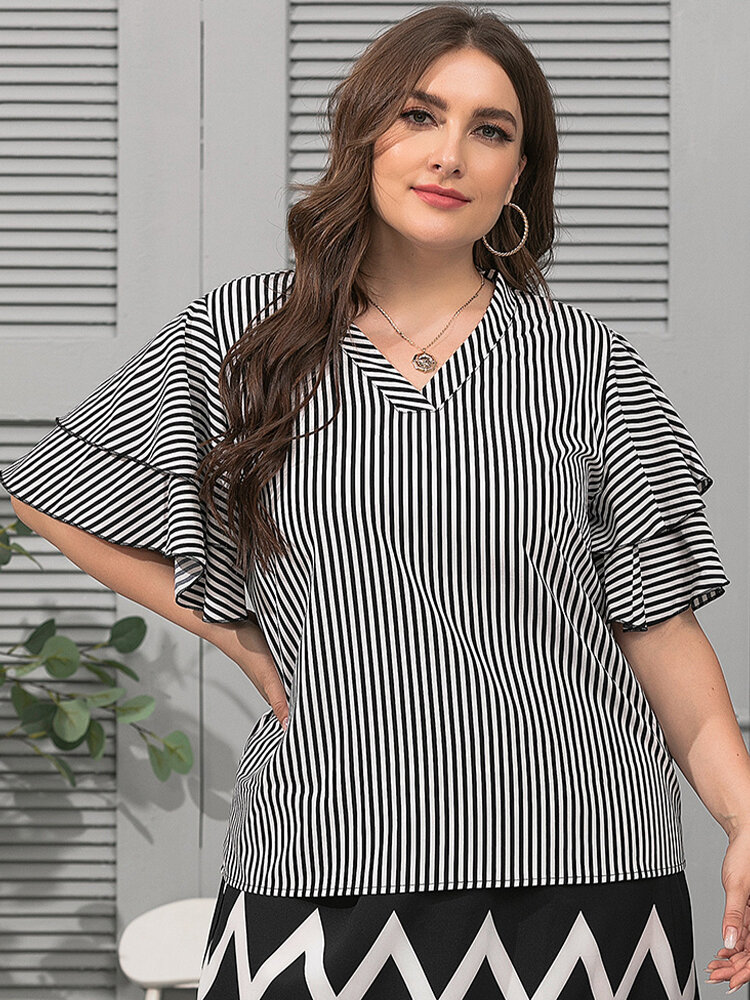 Striped Print V-neck Ruffle Sleeve Plus Size Blouse for Women