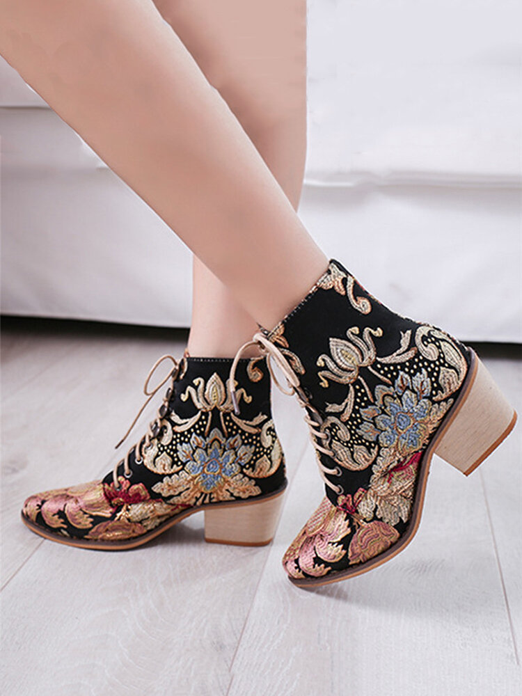 LOSTISY Large Size Women Summer Boots Pointed Toe Embroidered Lace Up Block Heel Short Boots