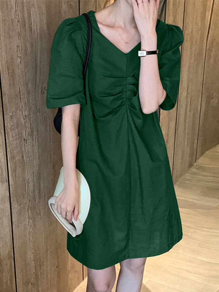 Solid Pleated Puff Sleeve V-neck Pocket Casual Dress