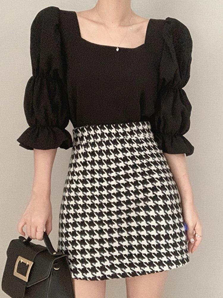Solid Square Collar Puff Sleeve Blouse For Women