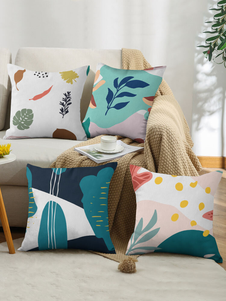 4PCS Colorful Abstract Pattern Nordic Cartoon Plant Leaf Printing Short Plush Pillowcase Home Decor Sofa Living Room Car