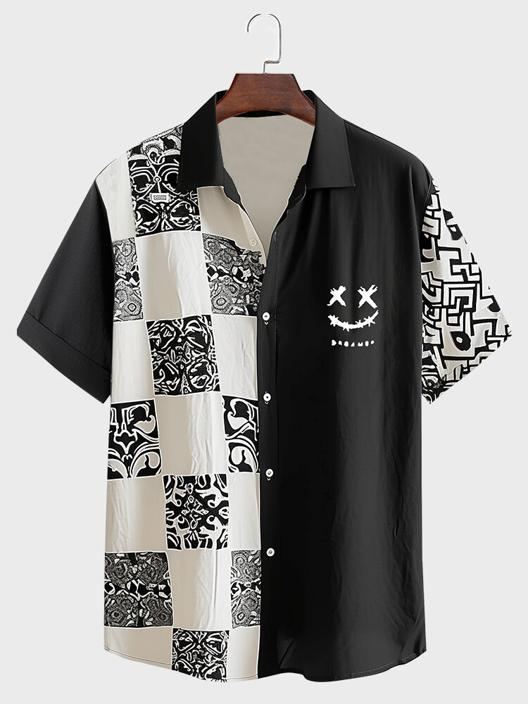 

Mens Monochrome Smile Print Patchwork Button Up Short Sleeve Shirts, White