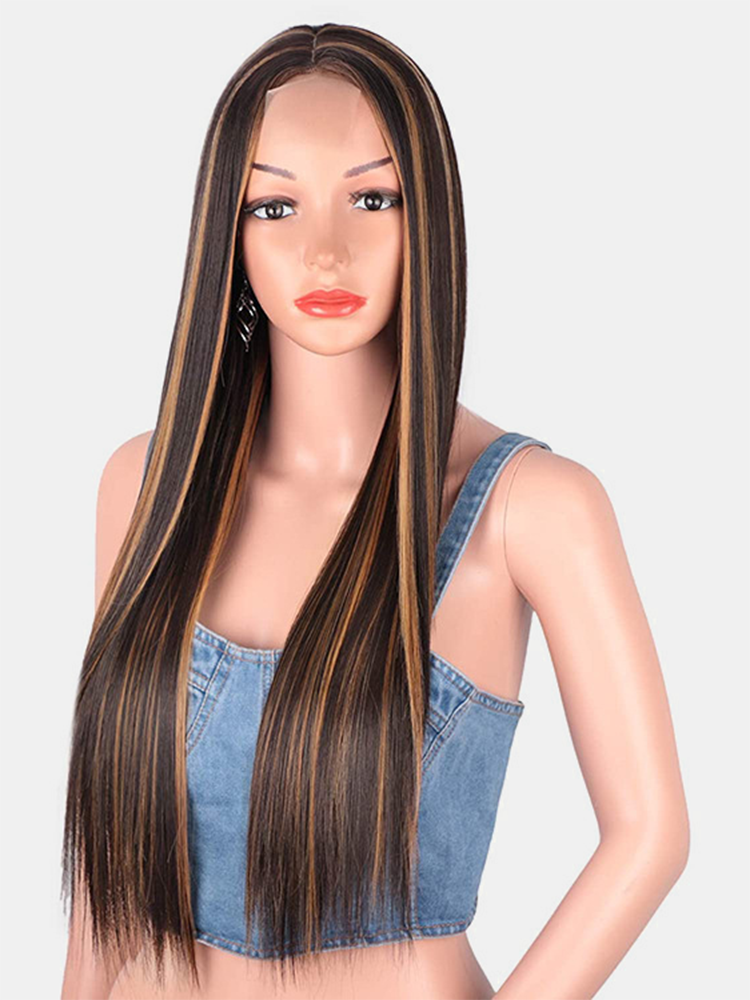 6 Colors Long Straight Front Lace Wig Soft Chemical Fiber Middle Part Full Head Cover Wig