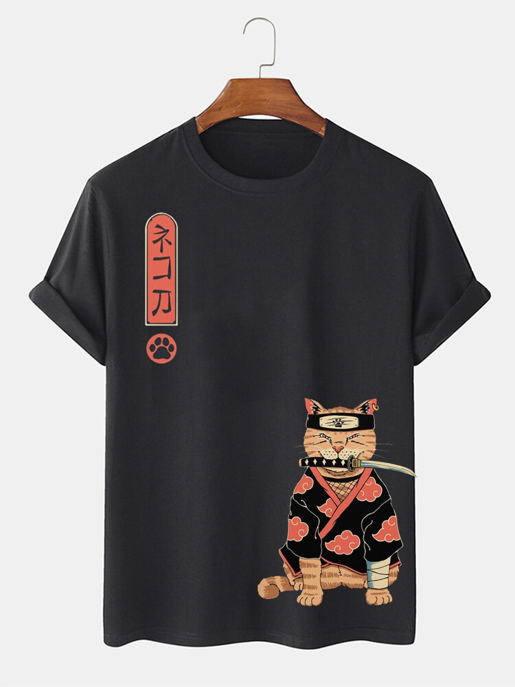 

Mens Japanese Warrior Cat Print Crew Neck Short Sleeve T-Shirts Winter, Black