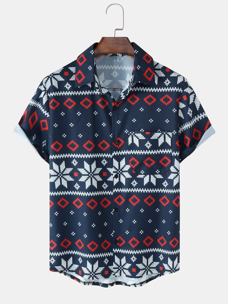 Mens Christmas Snowflake Print Lapel Button Casual Short Sleeve Shirts