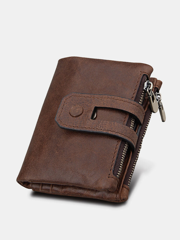 Vintage Men RFID Antimagnetic Genuine Leather 11 Card Slots Coin Bag Zip Wallet
