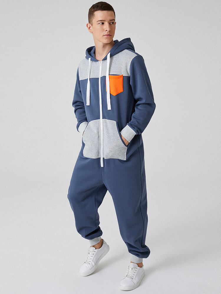 Men Comfy Contrast Color Hooded Jumpsuits Drawstring Loungewear Onesies With Handy Pockets