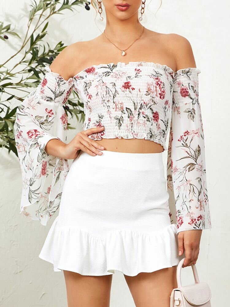 Women Holiday Off-shoulder Bell Long Sleeve Calico Print Blouse
