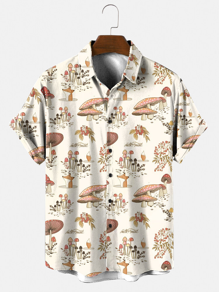 

Mens Cartoon Mushroom Print Button Up Short Sleeve Shirts, Beige