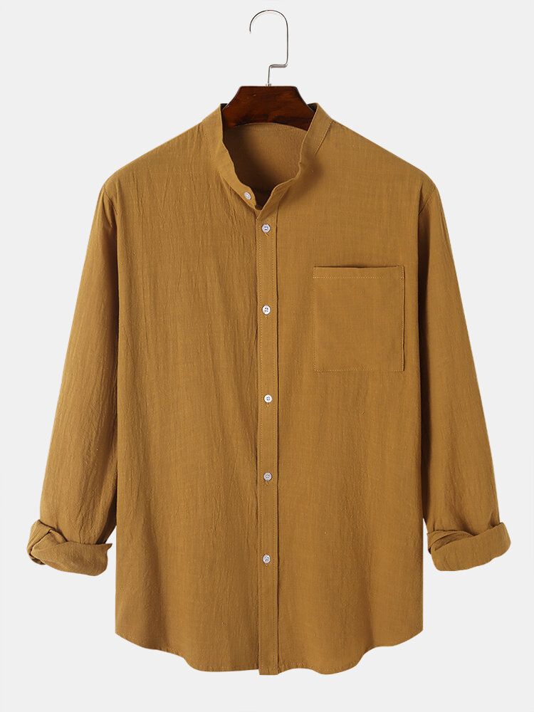 Camisas masculinas de algodão e linho cor sólida fina casual manga longa com bolso