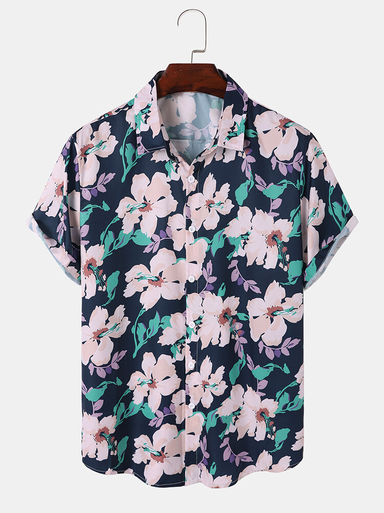 Mens Floral Print Button Up Holiday Short Sleeve Shirts