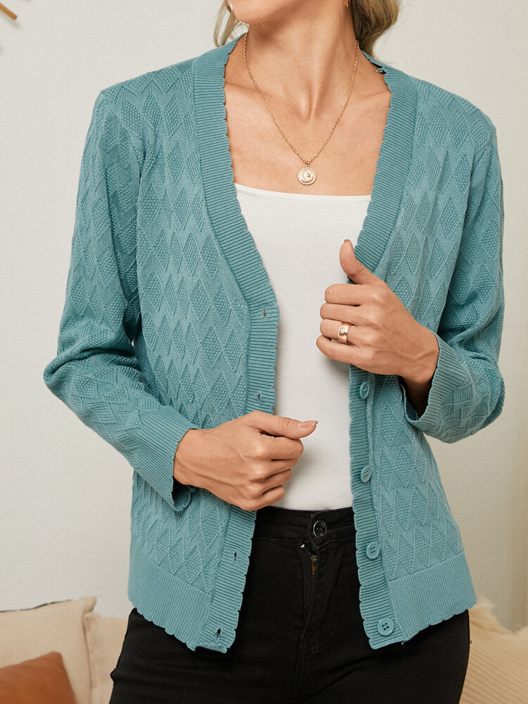 Solid Color V-neck Button Long Sleeve Casual Comfy Cardigan