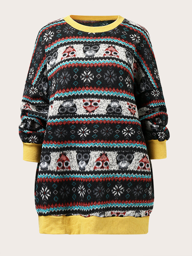 Plus Size Casual Cartoon Tribal Print Patchwork Loose Sweater
