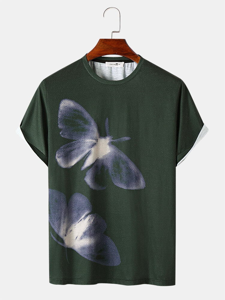

Mens Butterfly Silhouette Washed Printed Short Sleeve T-Shirts, Dark green