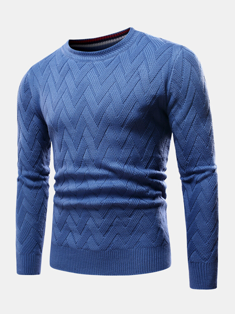 Mens Chevron Knitted Solid Color Crew Neck Slim Fit Casual Sweater