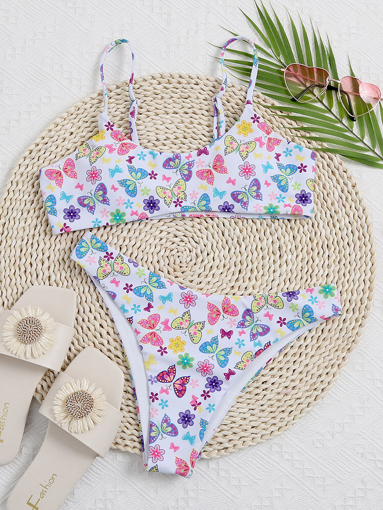 Women Colorful Butterfly Print Halter Spaghetti Straps Open Back Bikinis Swimsuit